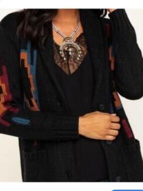 Idyllwind Cardigan knit Womens  Black Shawl Collar Aztec Western Pockets small